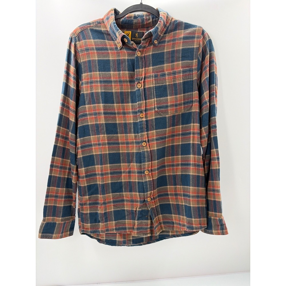 Browning Mens Small Blue Orange Plaid Flannel Button Down Shirt Long Sleeve